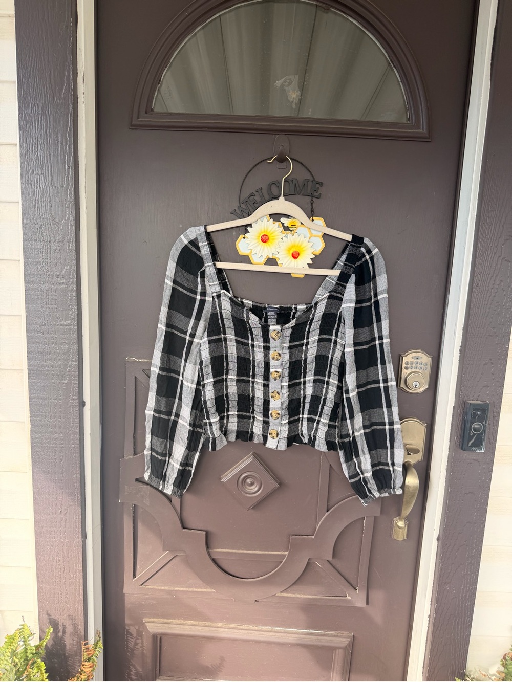 American Eagle Outfitters Black and White Plaid Button-Down Top